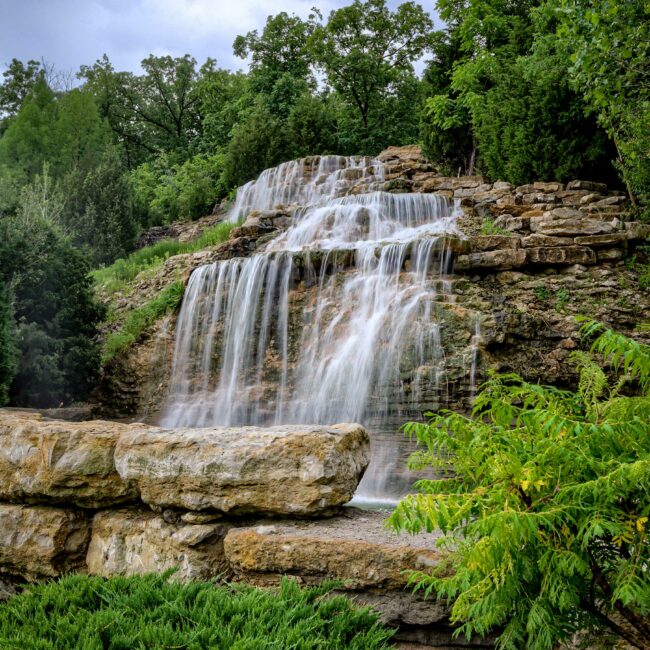 The waterfall monument at Forest View; photo courtesy of Rodrock Development.