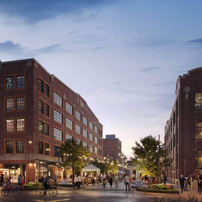 A rendering shows the future revitalization of the West Bottoms—including new apartments, commercial spaces, a hotel, and more—part of a $527 million, five-phase redevelopment project. Image: SomeraRoad
