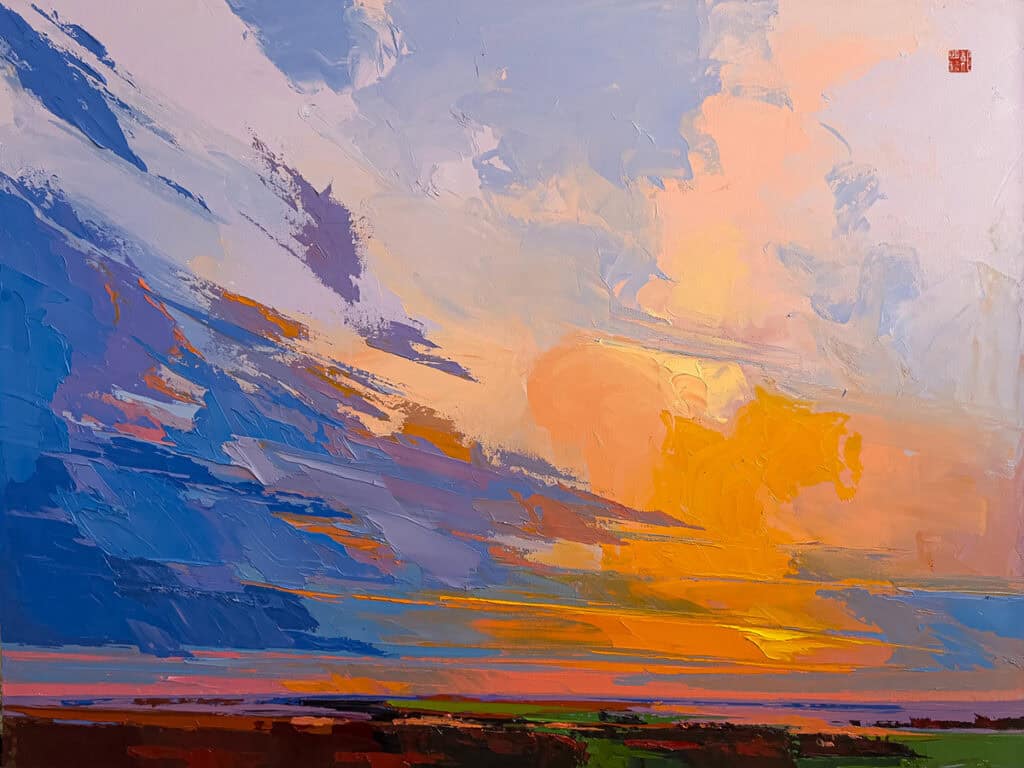A prairie sunset in vivid coloring by Allan Chow, Whispers of Dark can be found at Prairiebrooke Arts.