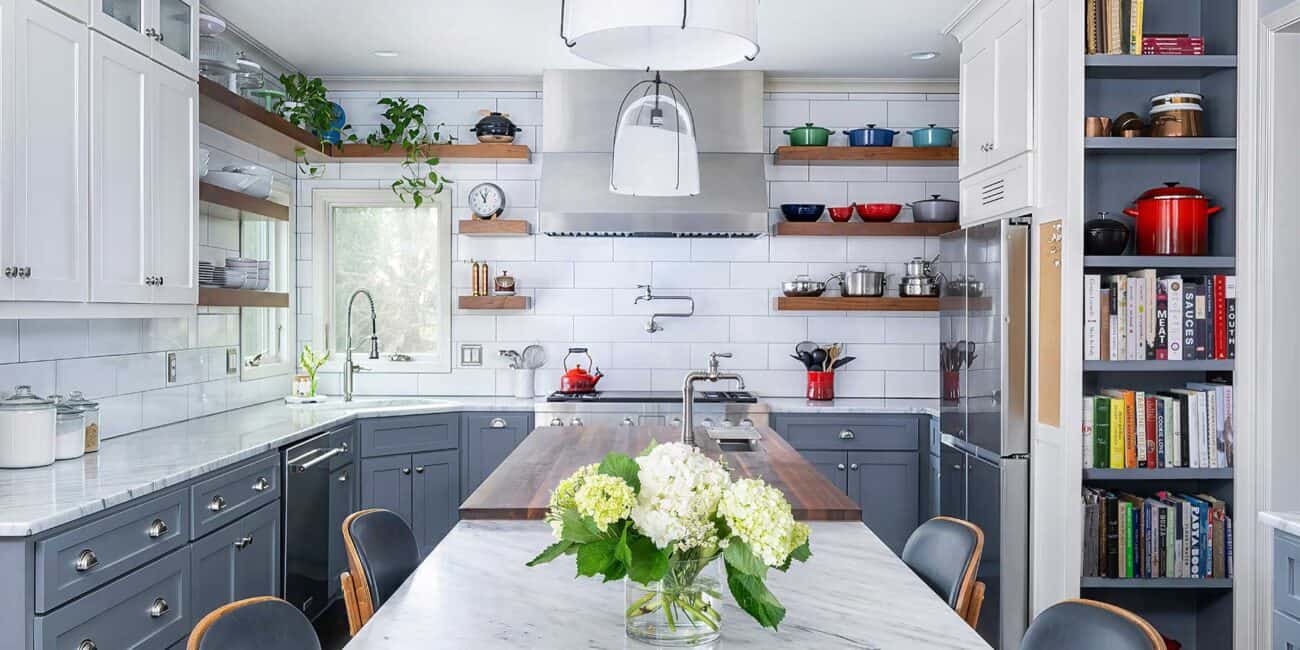 Two chefs = two work surfaces in Colby and Megan Garrelts’ kitchen. Butcher block for prep and pasta-making (but no cutting); cool marble for pastries and dining.