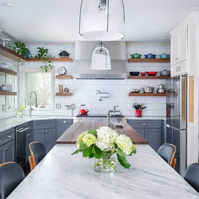 Two chefs = two work surfaces in Colby and Megan Garrelts’ kitchen. Butcher block for prep and pasta-making (but no cutting); cool marble for pastries and dining.
